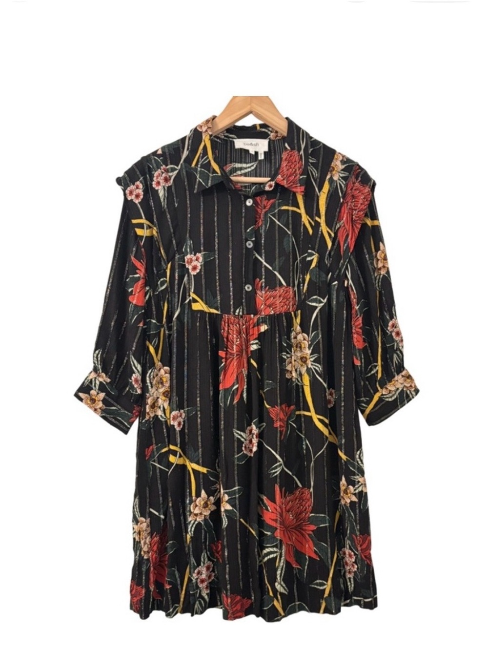 ba&sh Black Midi Dress with Red and Yellow Floral Print